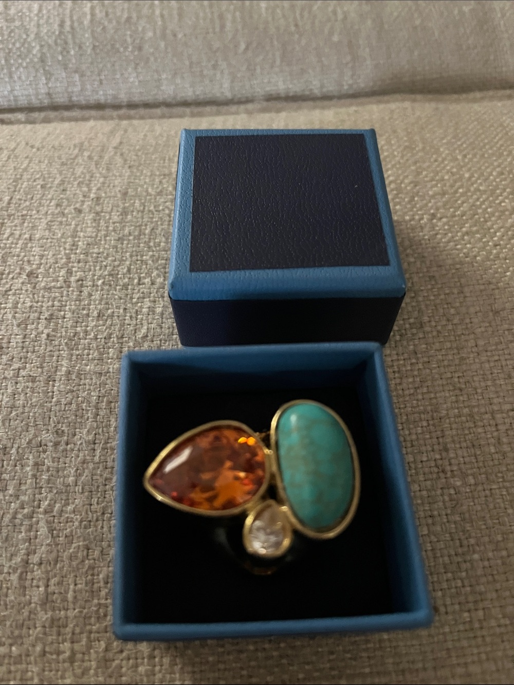 Cocktail ring, three different stones, crystals, size 10 gold overlay NEW